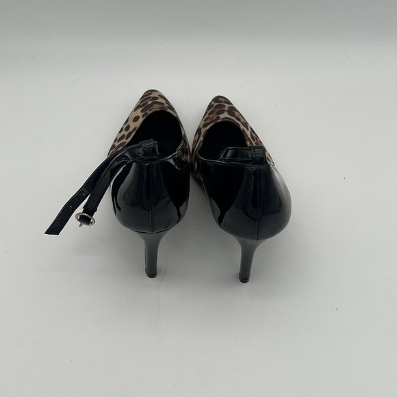 Womens Size 10 Black Patent & Leopard Print Pointed Toe Heels With Ankle Strap - Picture 2 of 5